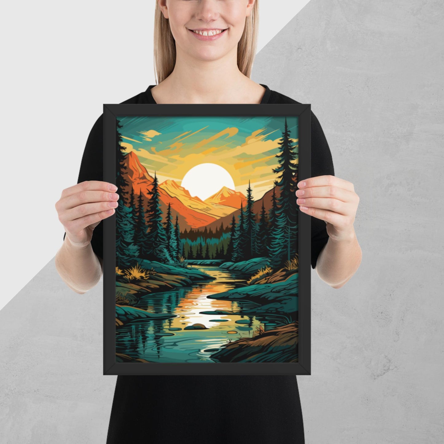 Forest Mountain River Framed Poster