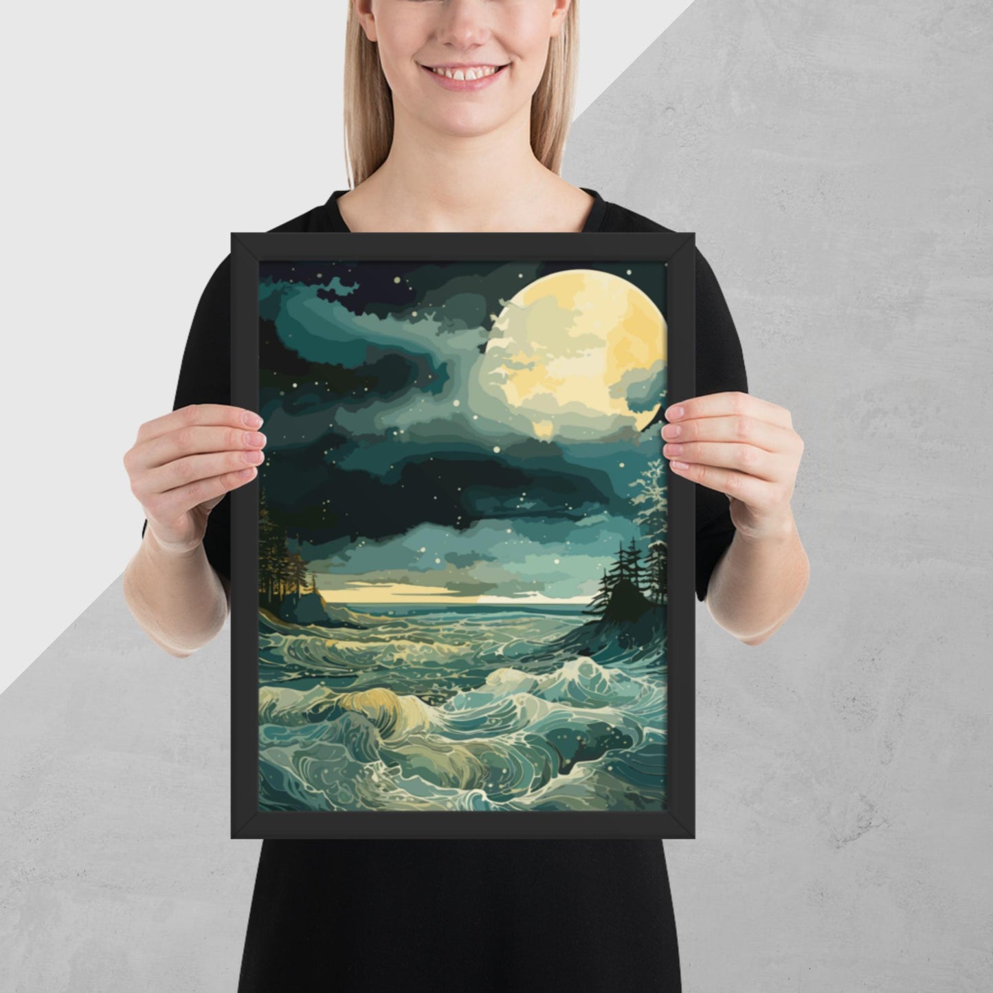 Nighttime Sea Moon Framed Poster