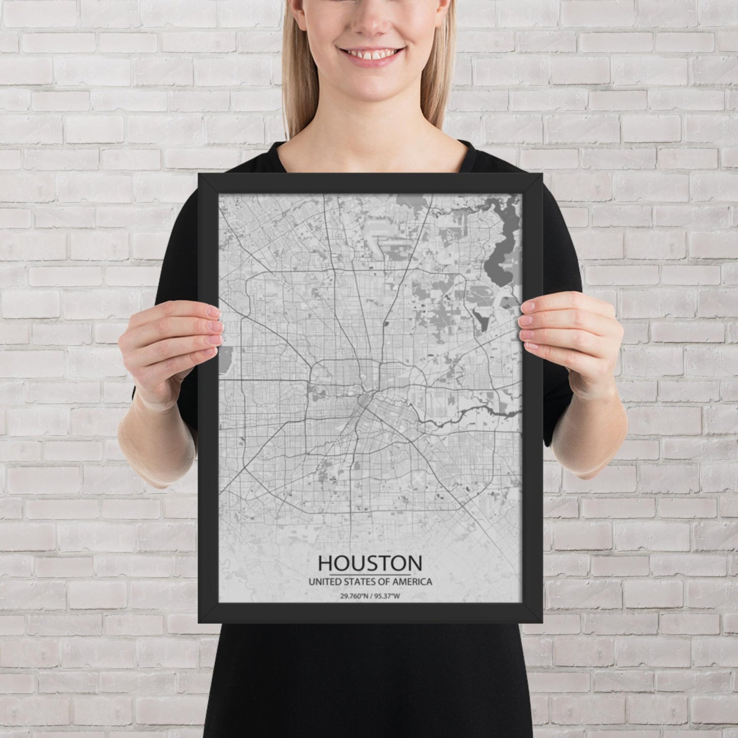 Houston Light Grey Framed Map