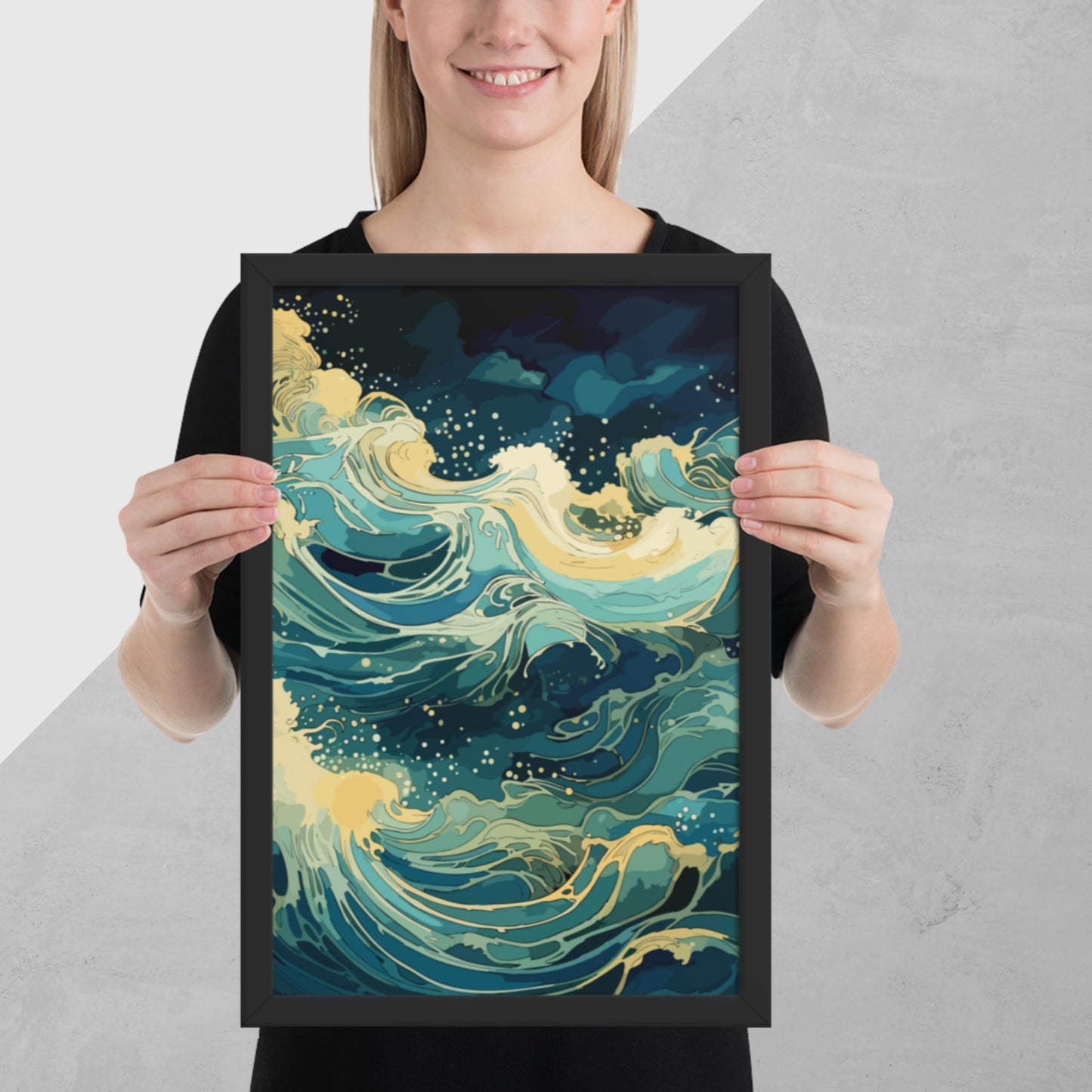 Nighttime Ocean Waves Framed Poster