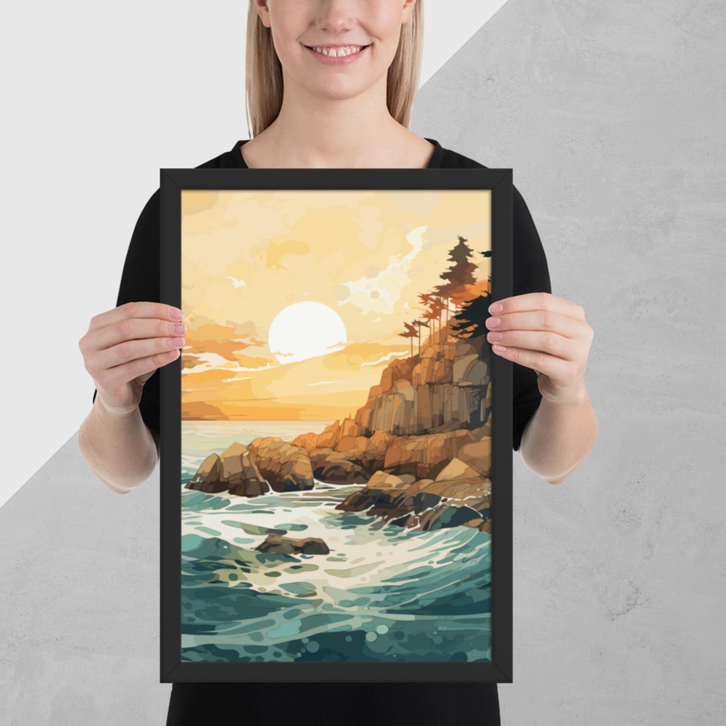 Ocean Rocks Sunset Framed Poster