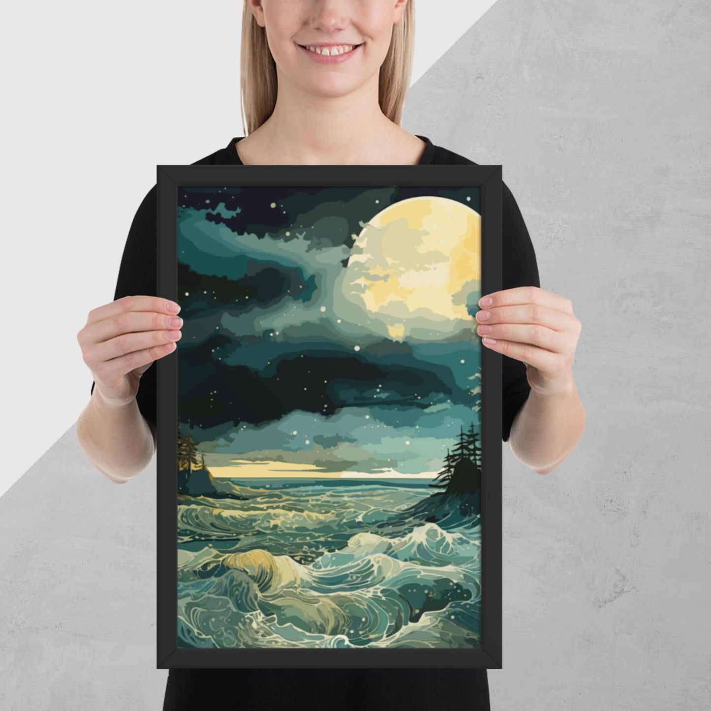 Nighttime Sea Moon Framed Poster