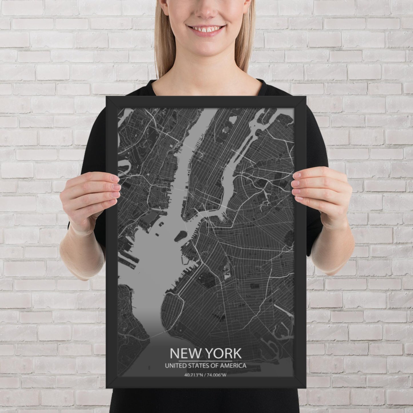 New York Dark Grey Framed Map