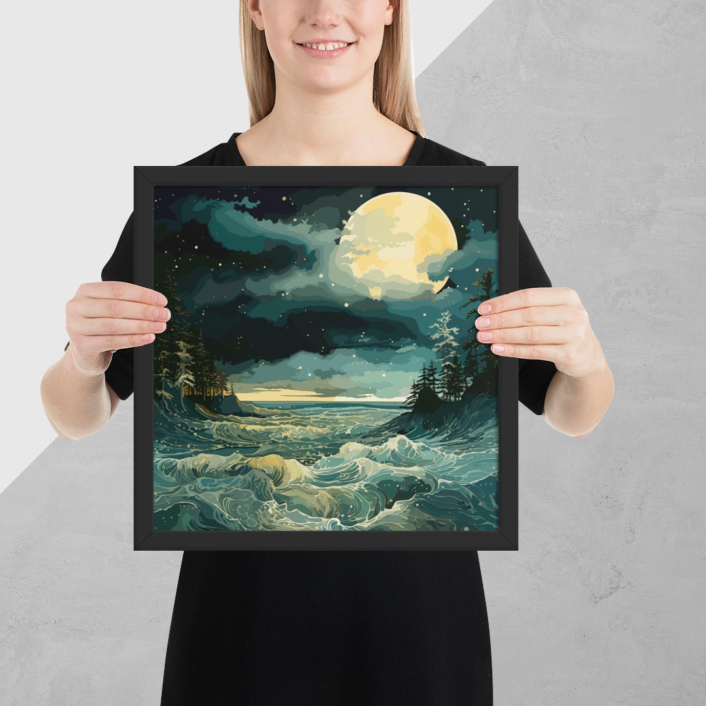 Nighttime Sea Moon Framed Poster