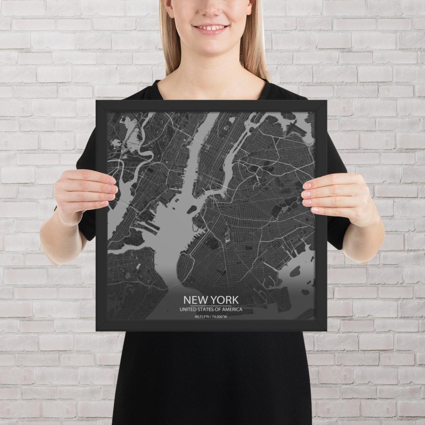 New York Dark Grey Framed Map