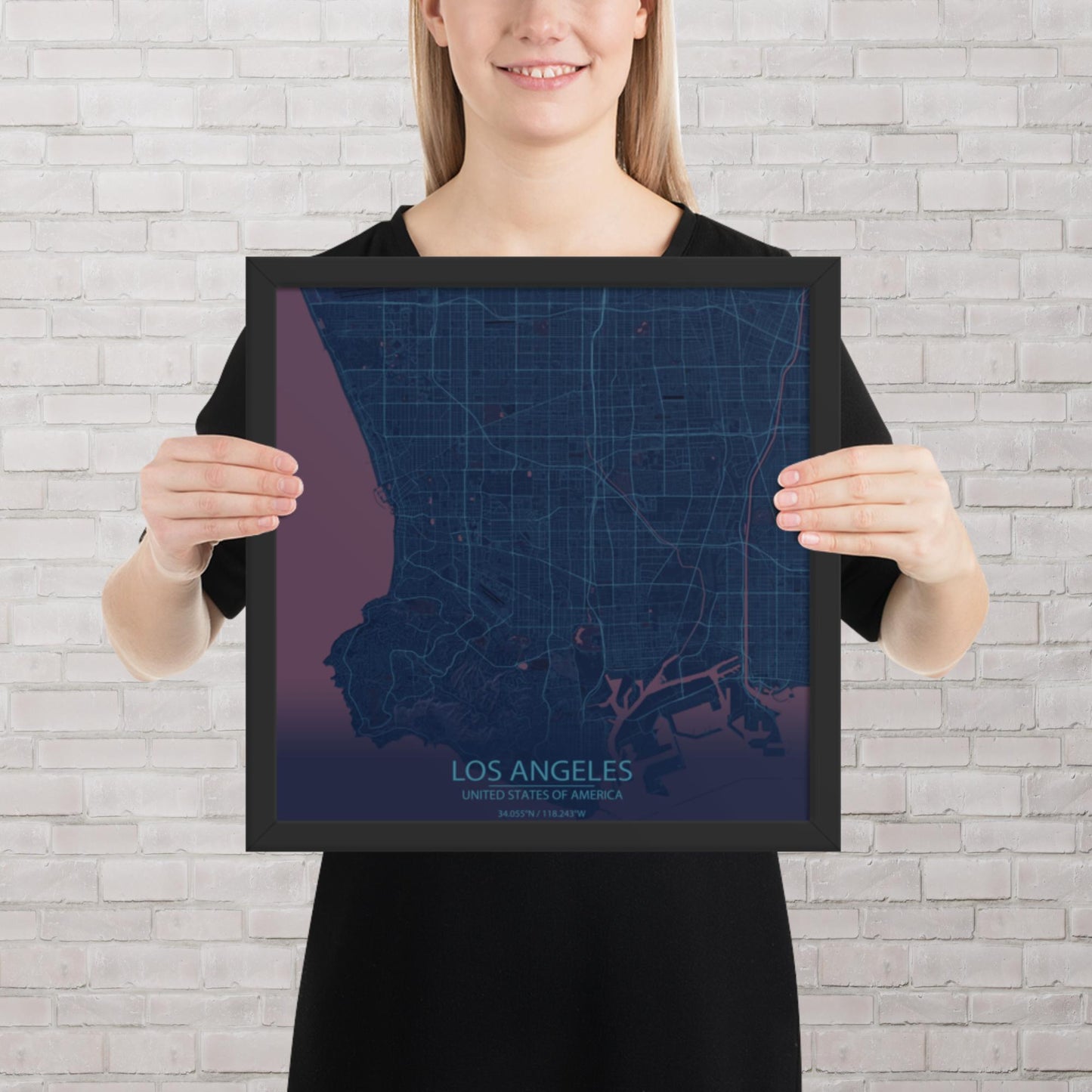 Los Angeles Blue and Purple Framed Map