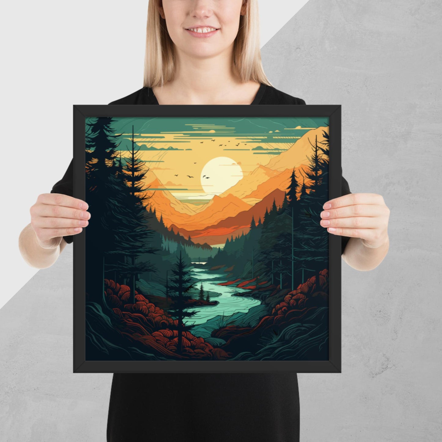 Forest River Sunset Framed Poster