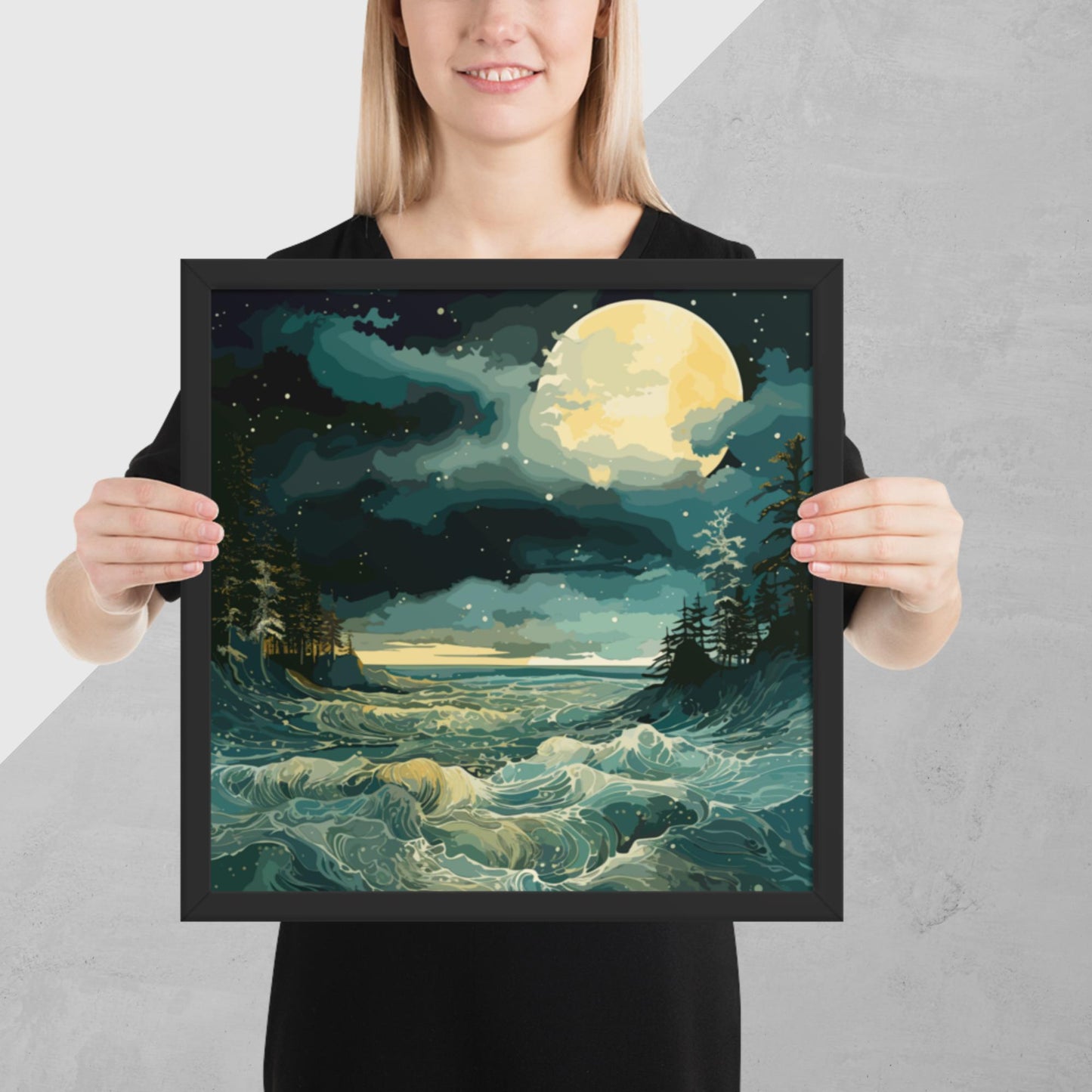 Nighttime Sea Moon Framed Poster