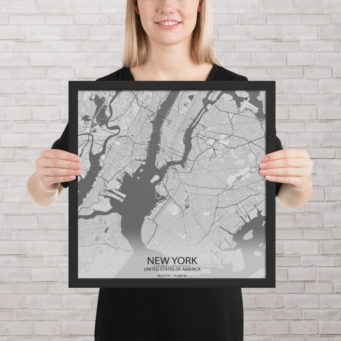 New York Light Grey Framed Map