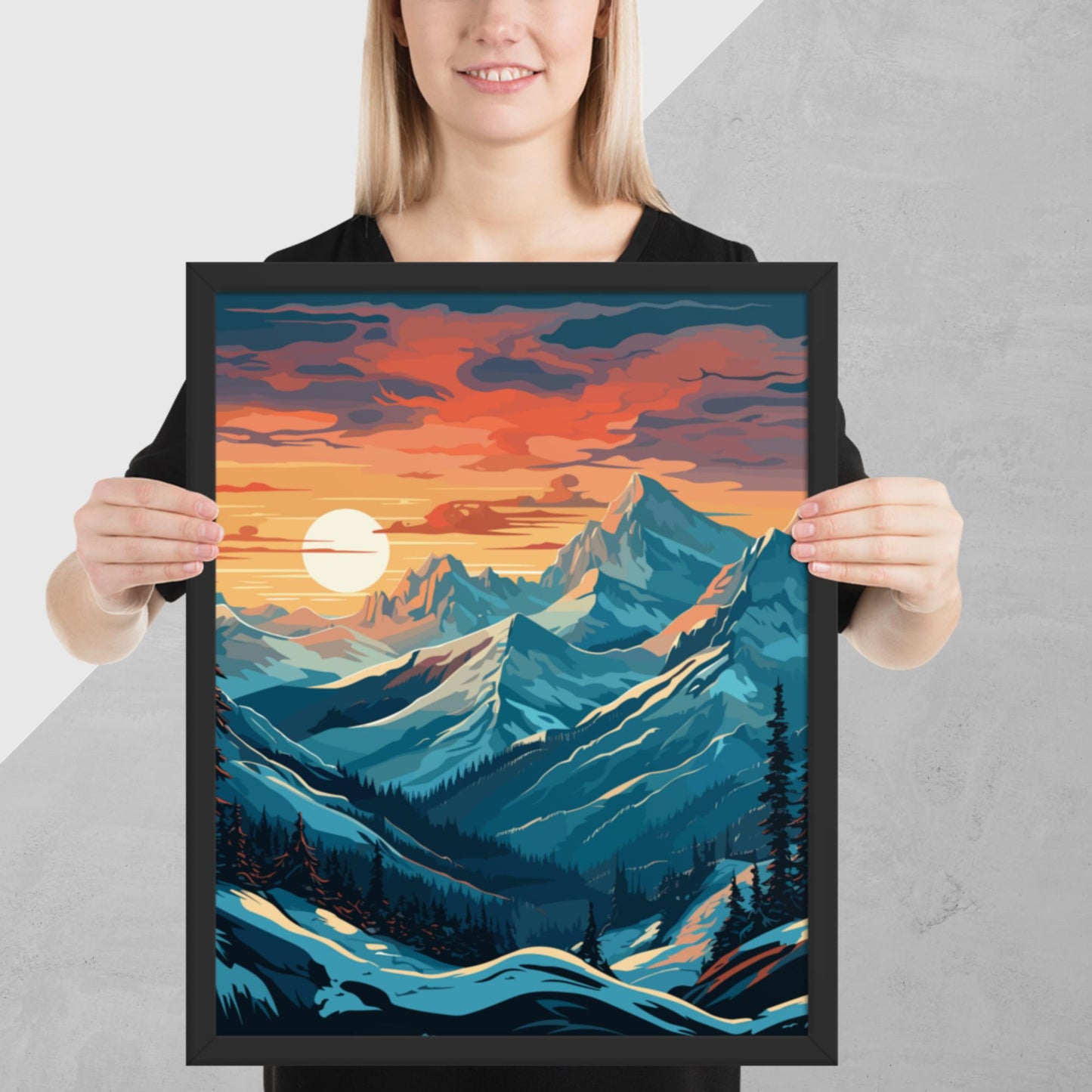 Snowy Mountain Sunset Framed Poster