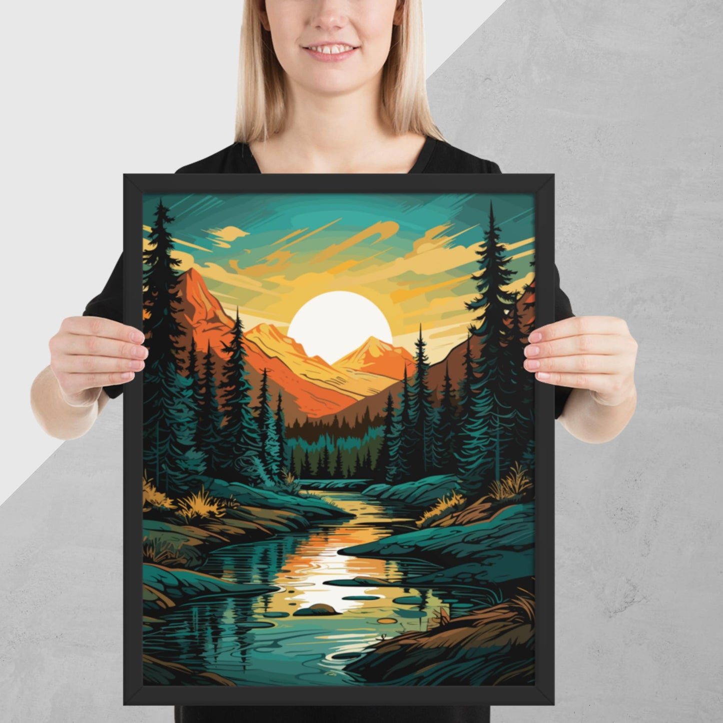 Forest Mountain River Framed Poster