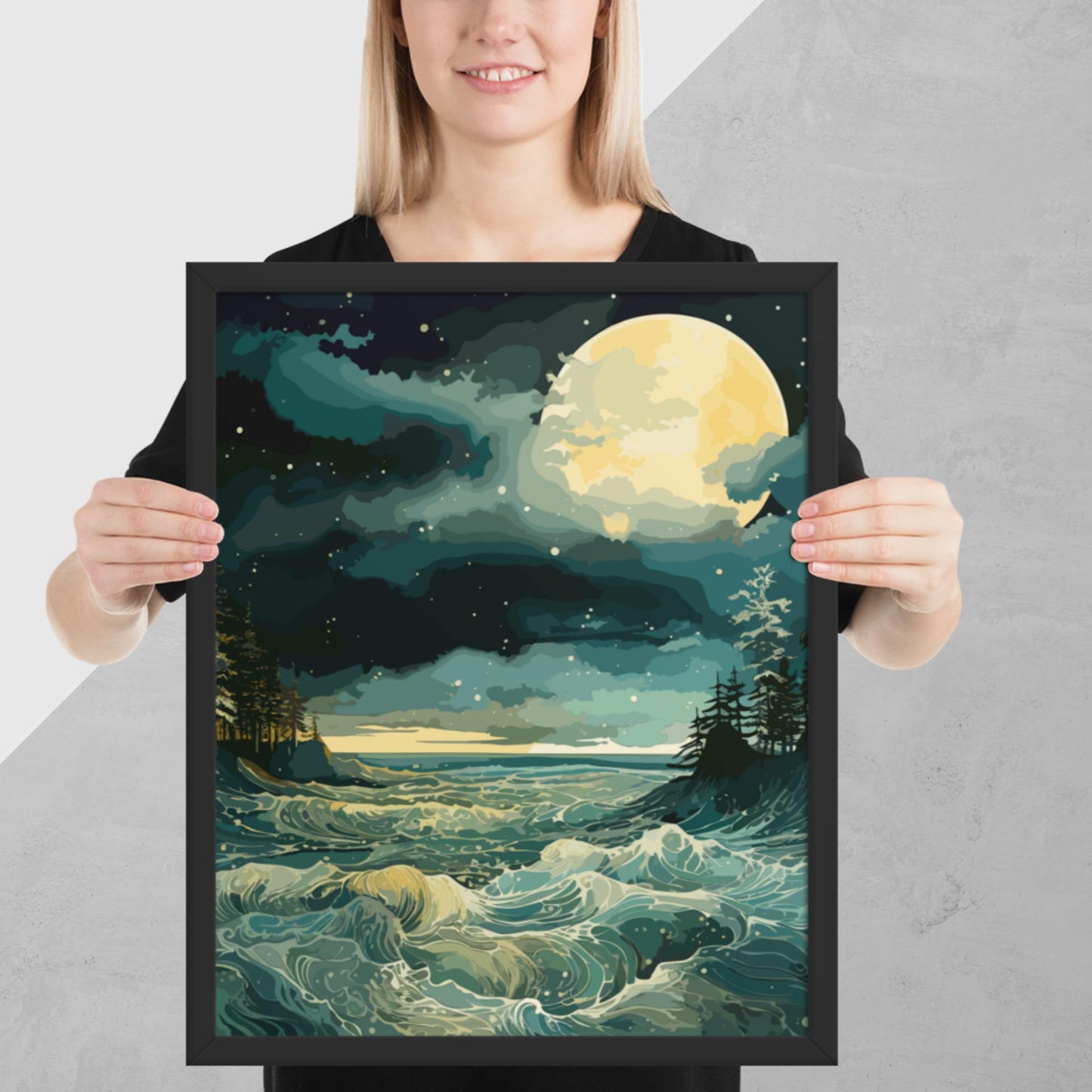 Nighttime Sea Moon Framed Poster