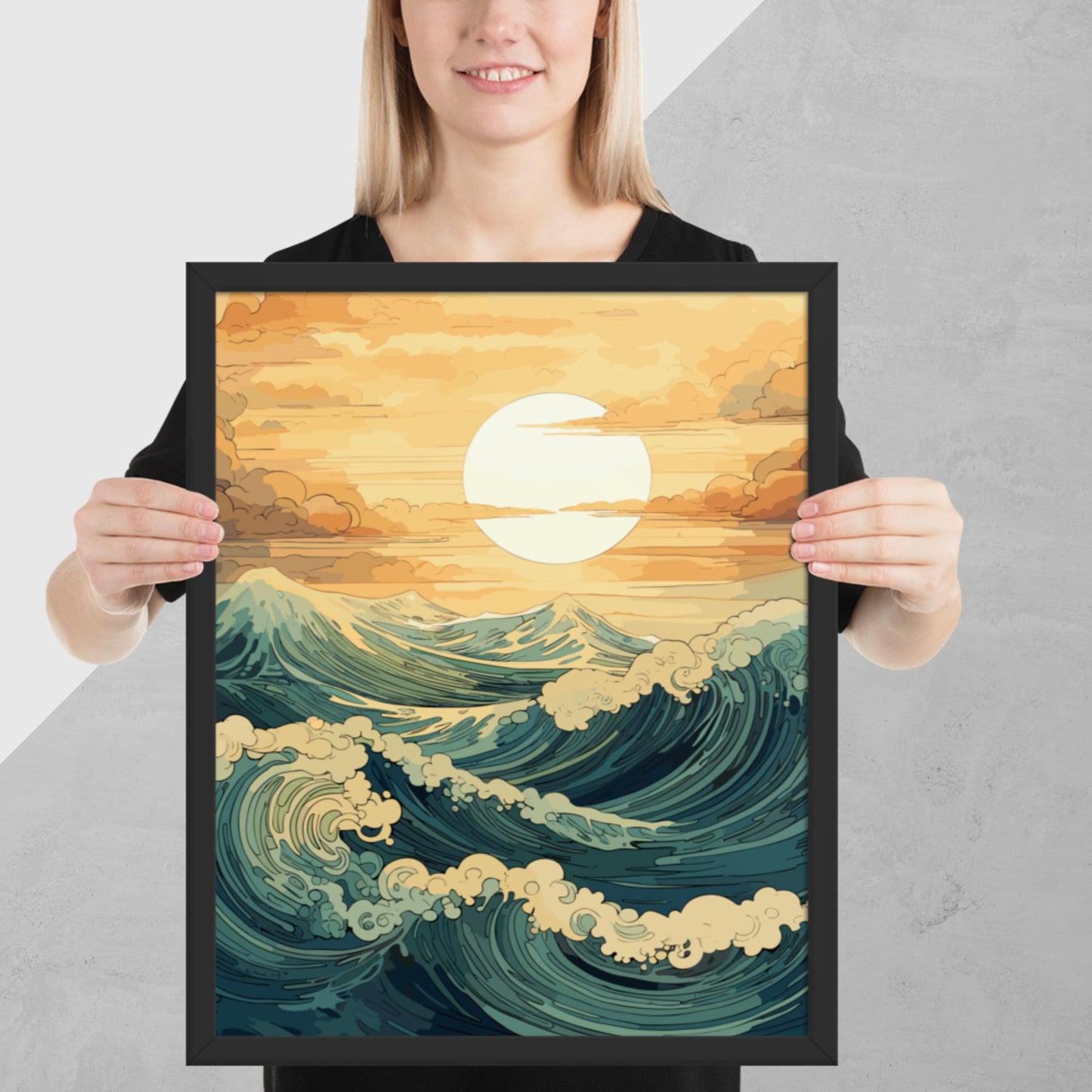 Wavy Sea Sunset Framed Poster