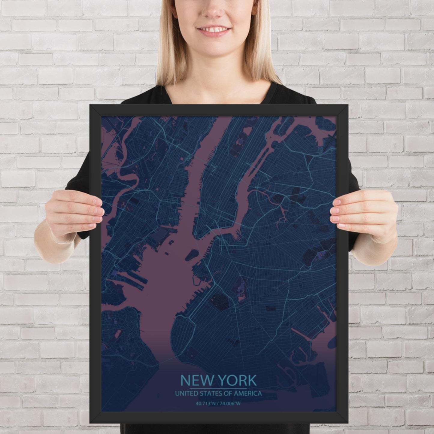 New York Blue and Purple Framed Map