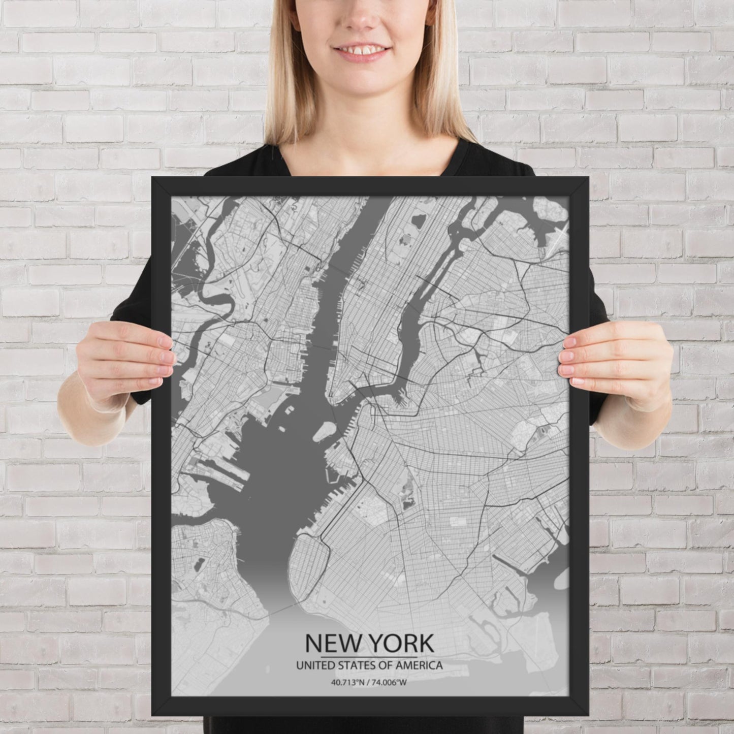 New York Light Grey Framed Map