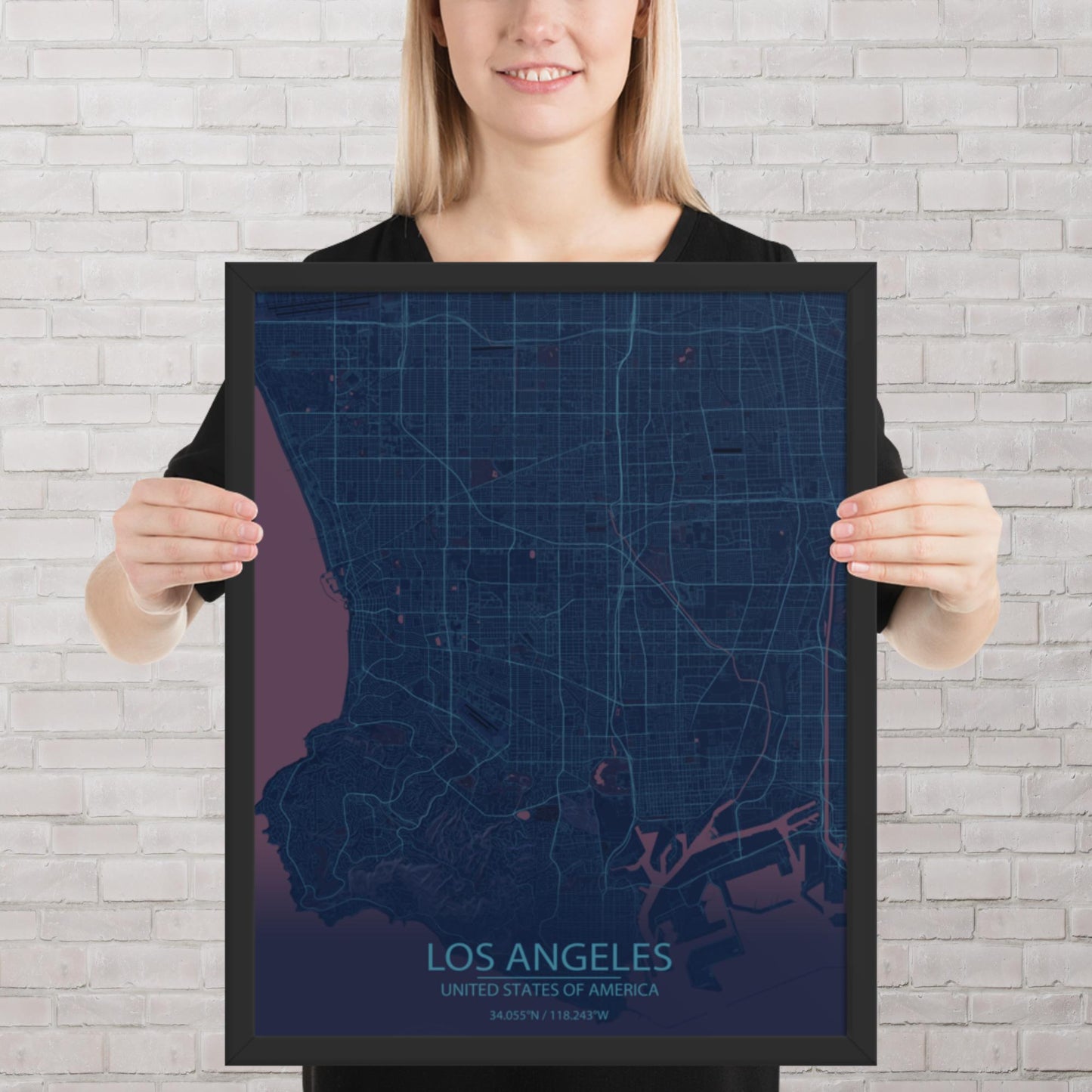 Los Angeles Blue and Purple Framed Map