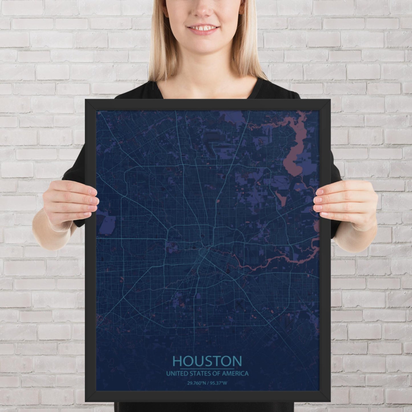 Houston Blue and Purple Framed Map