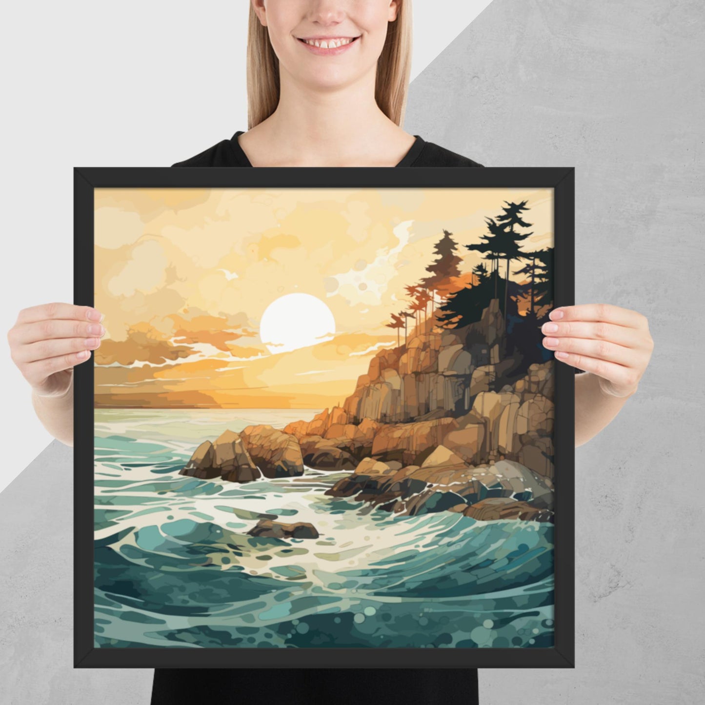 Ocean Rocks Sunset Framed Poster