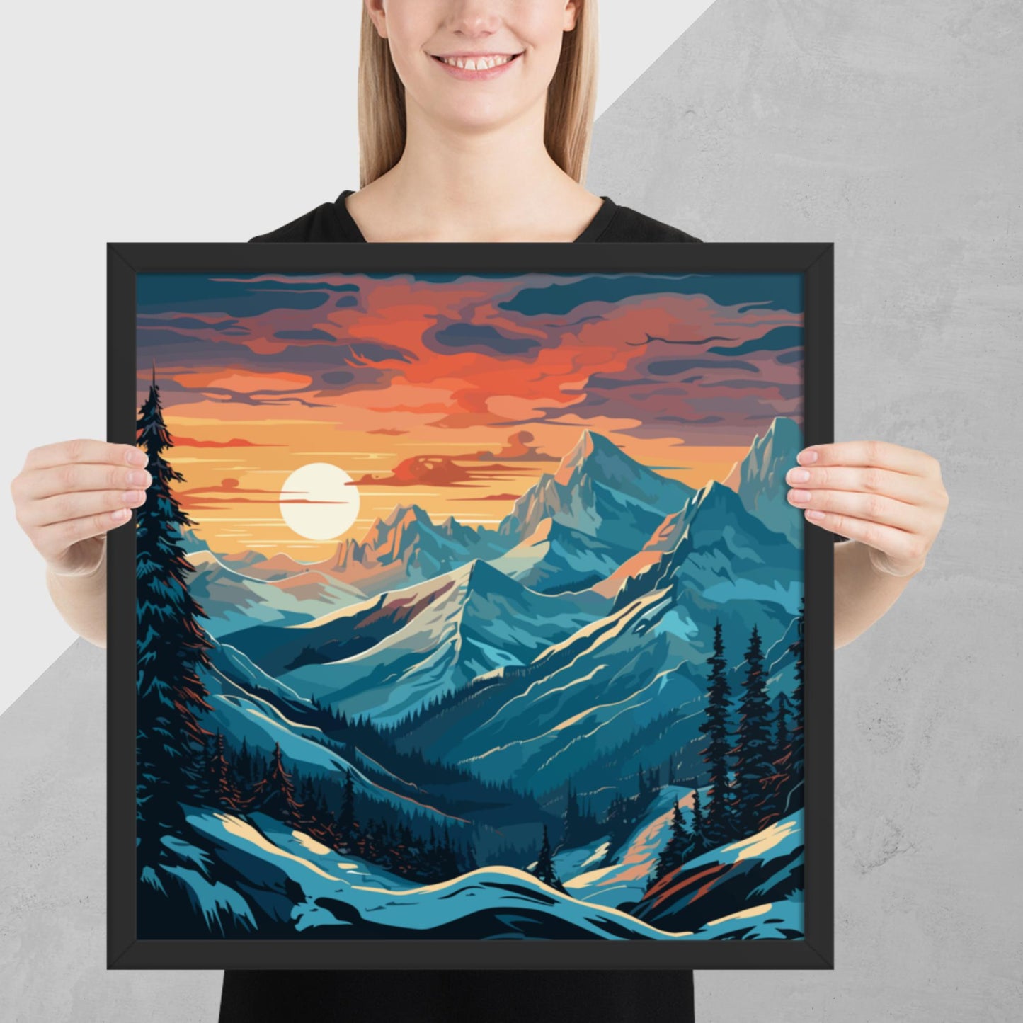 Snowy Mountain Sunset Framed Poster