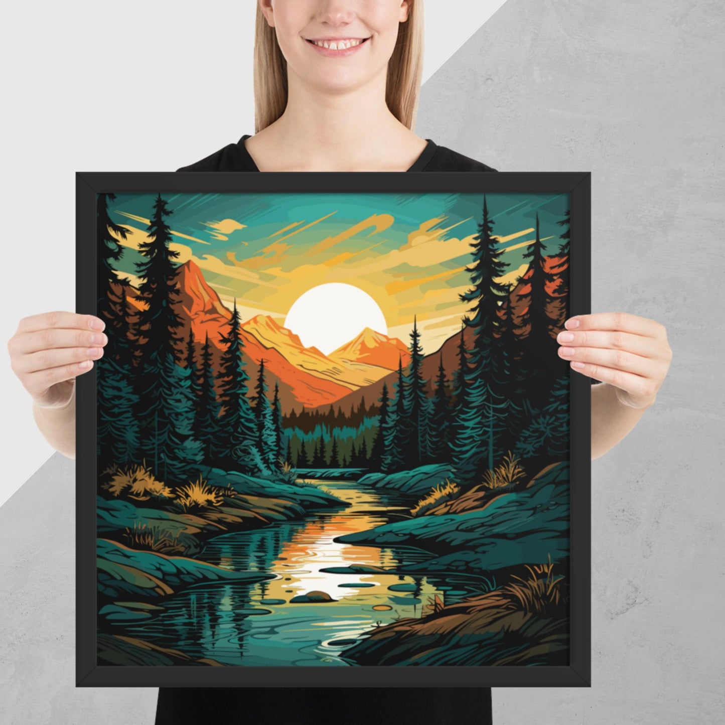 Forest Mountain River Framed Poster