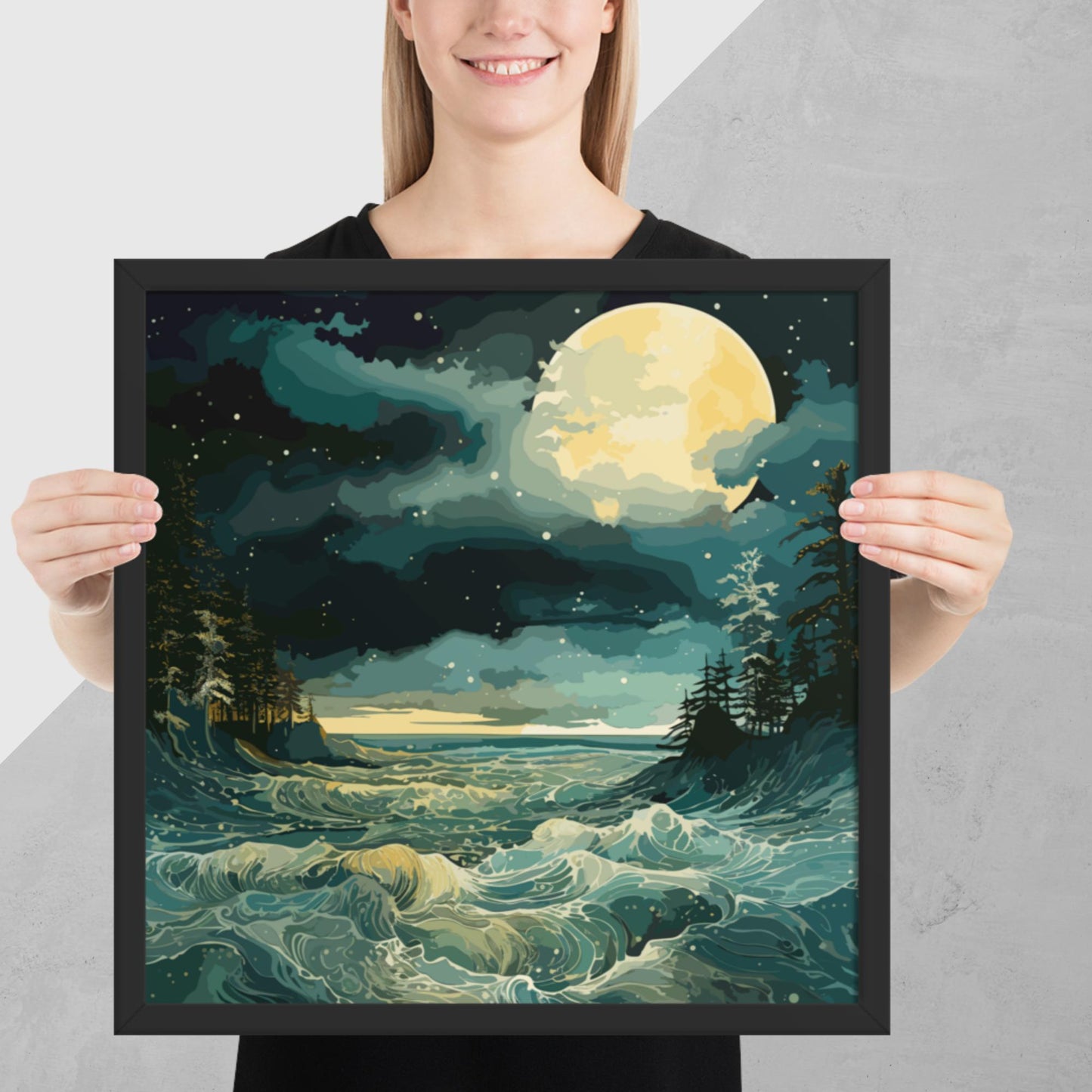 Nighttime Sea Moon Framed Poster