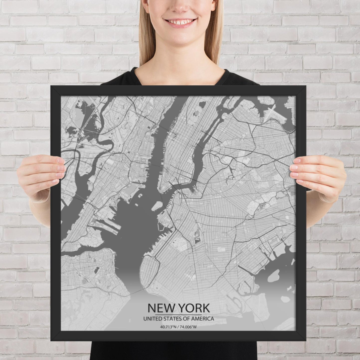 New York Light Grey Framed Map