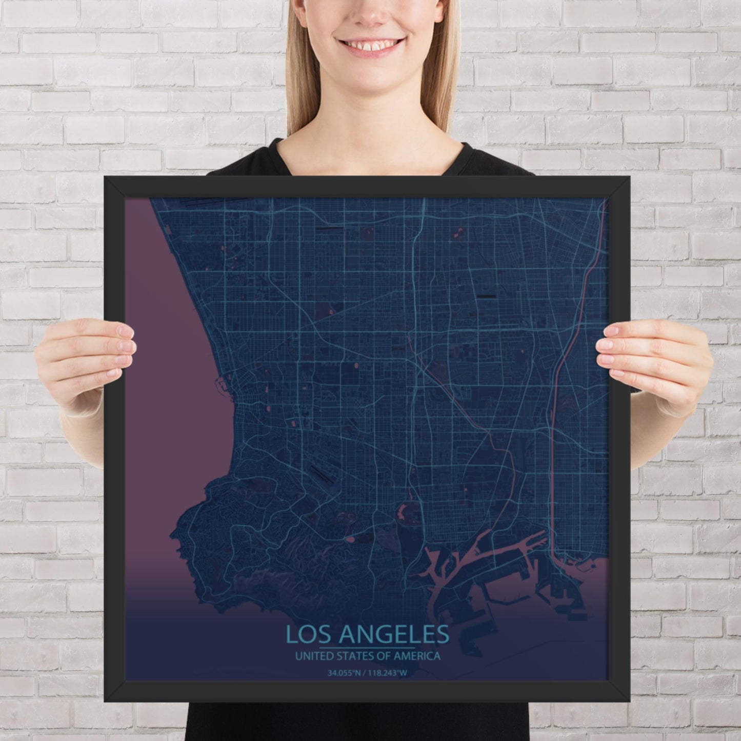 Los Angeles Blue and Purple Framed Map