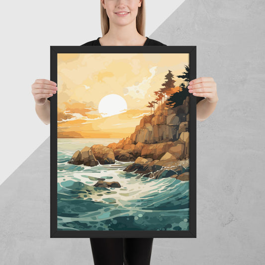 Ocean Rocks Sunset Framed Poster