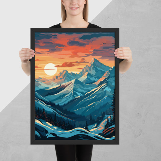 Snowy Mountain Sunset Framed Poster