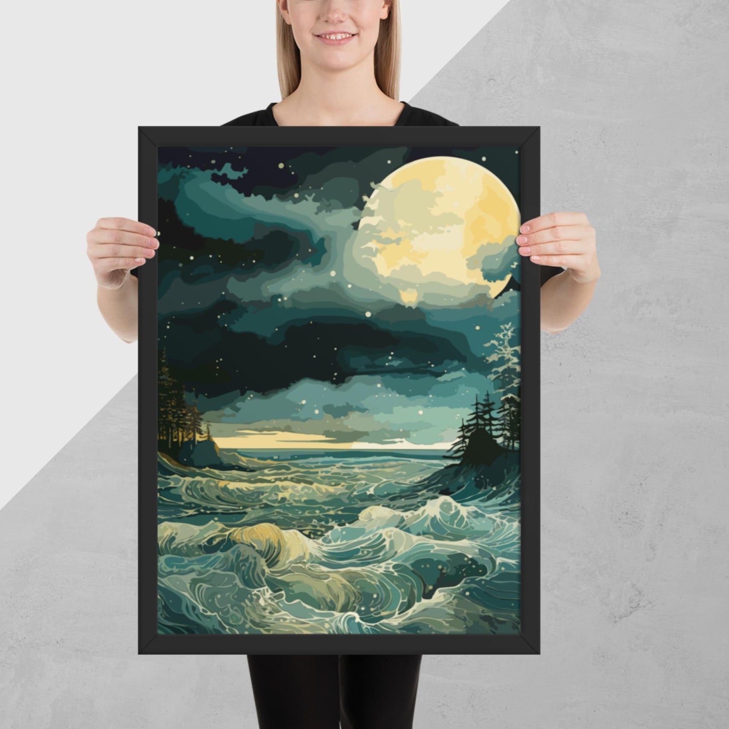 Nighttime Sea Moon Framed Poster