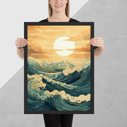 Wavy Sea Sunset Framed Poster