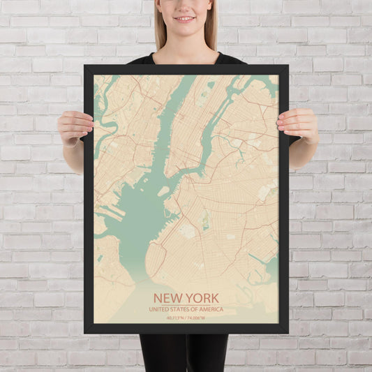 New York Vintage Style Framed Map