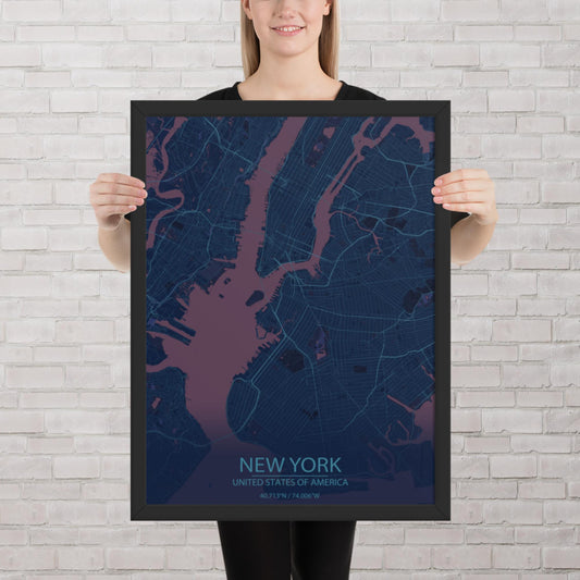 New York Blue and Purple Framed Map