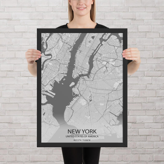 New York Light Grey Framed Map