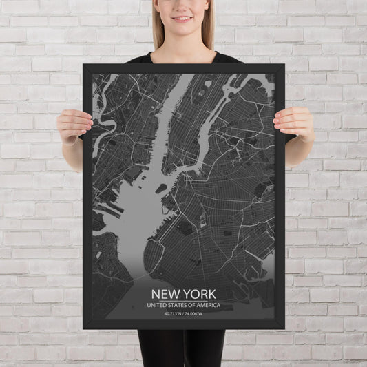 New York Dark Grey Framed Map