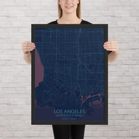 Los Angeles Blue and Purple Framed Map