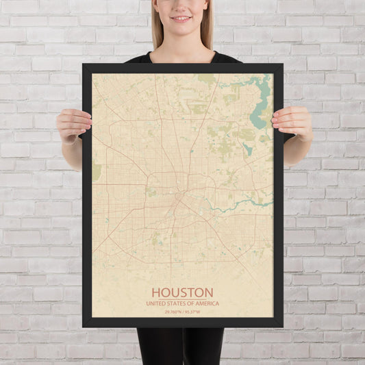 Houston Vintage Style Framed Map