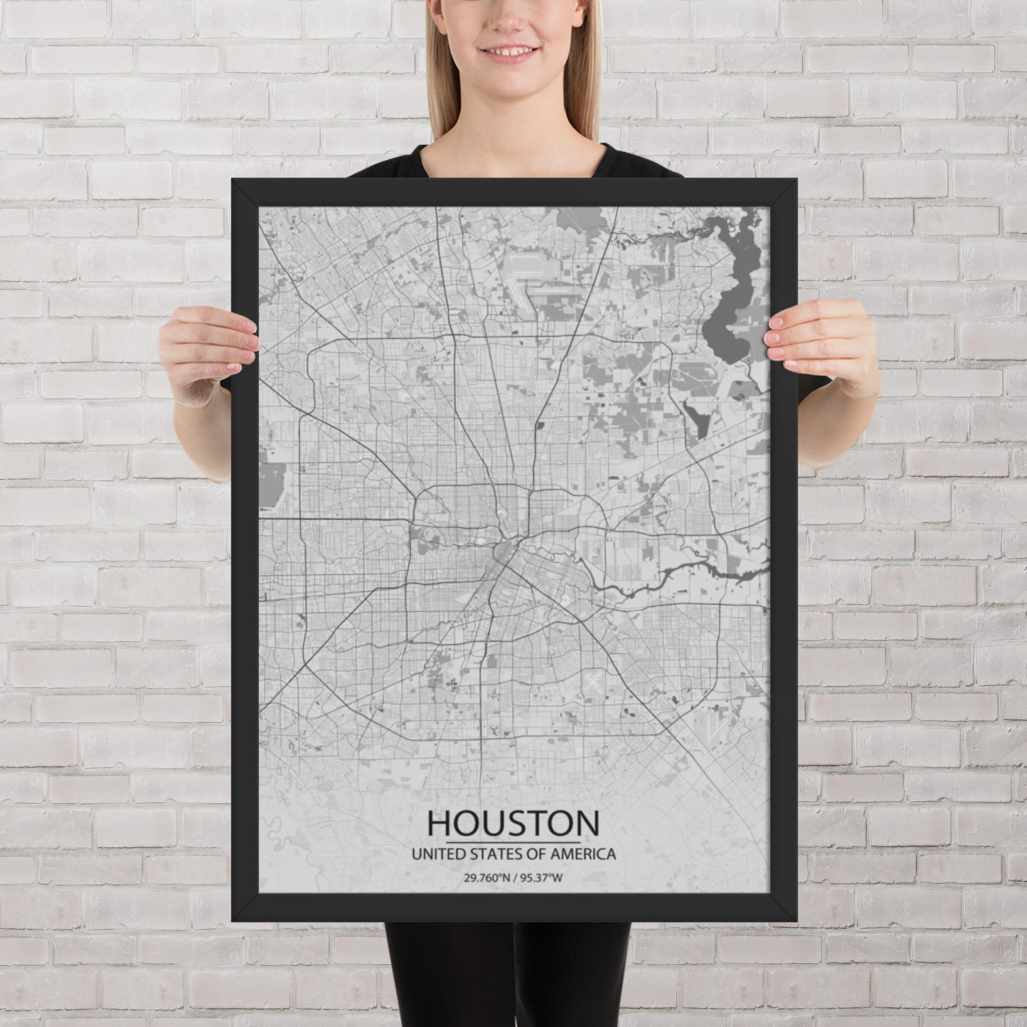 Houston Light Grey Framed Map