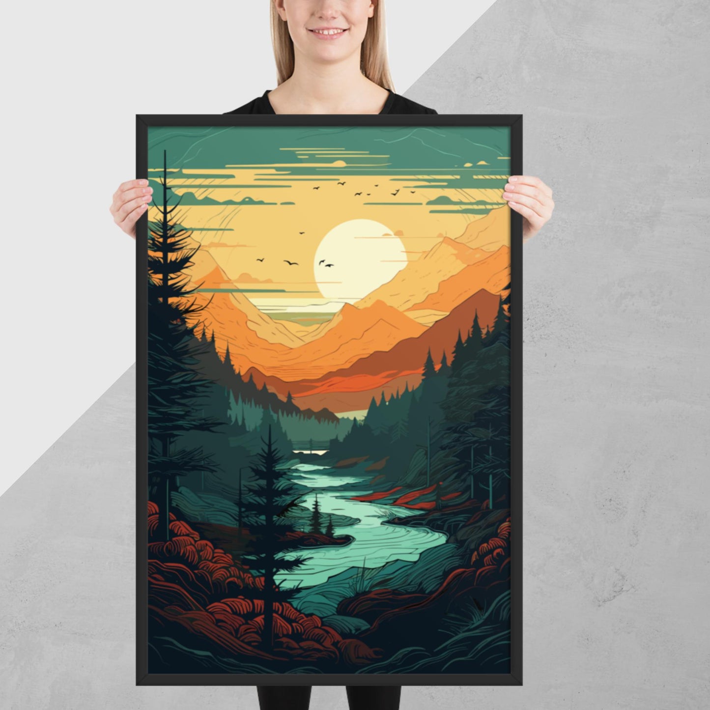 Forest River Sunset Framed Poster