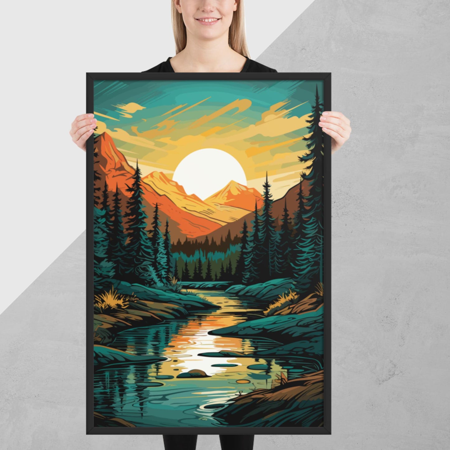 Forest Mountain River Framed Poster