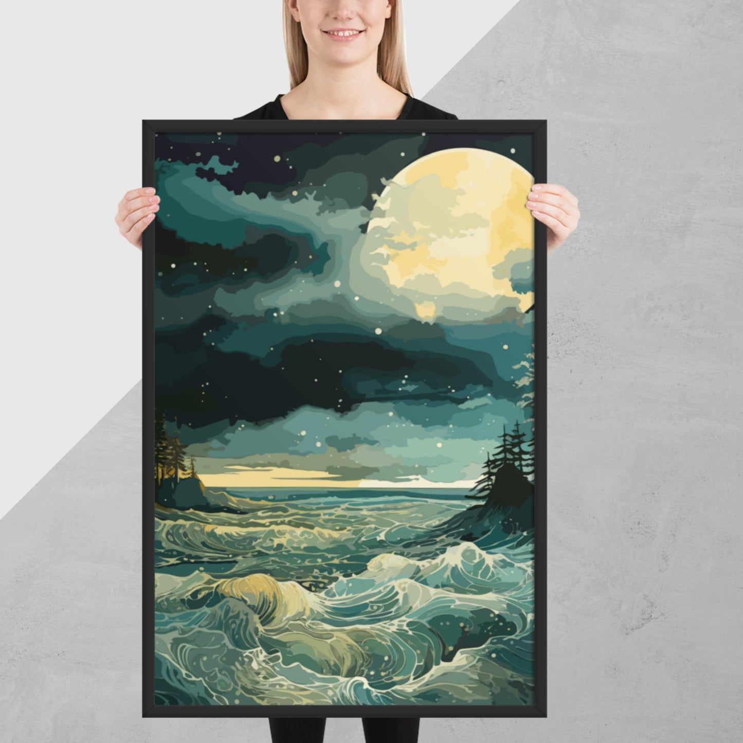 Nighttime Sea Moon Framed Poster