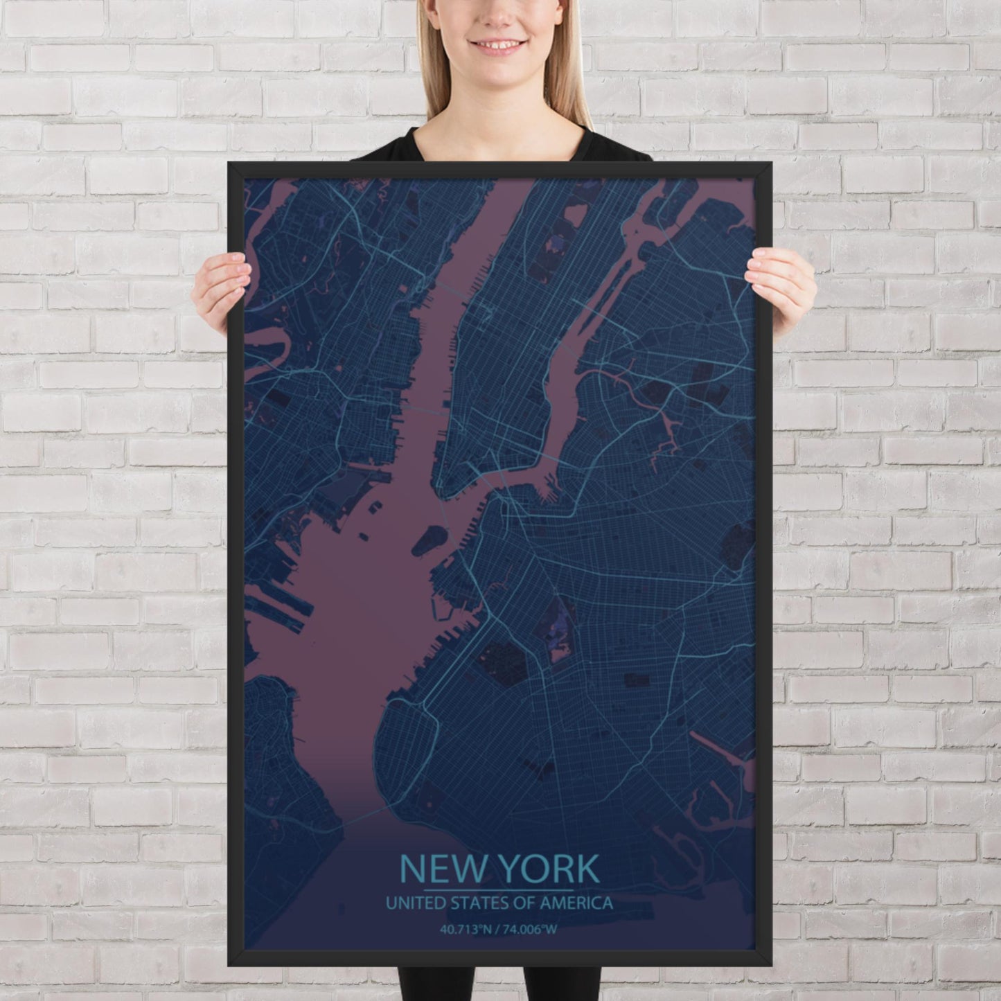 New York Blue and Purple Framed Map