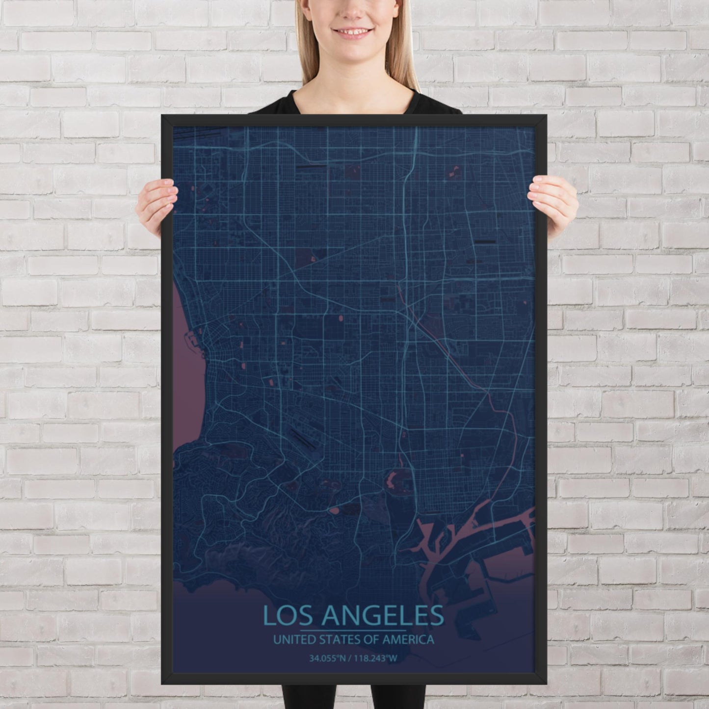 Los Angeles Blue and Purple Framed Map