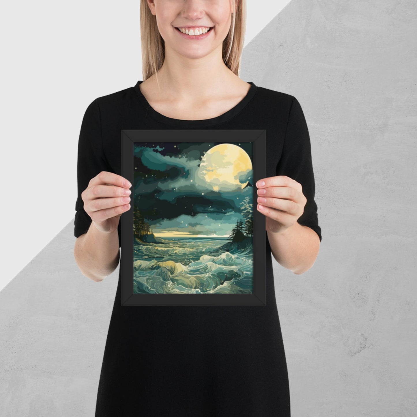 Nighttime Sea Moon Framed Poster