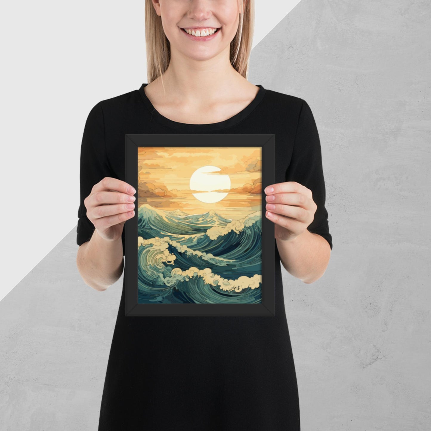 Wavy Sea Sunset Framed Poster