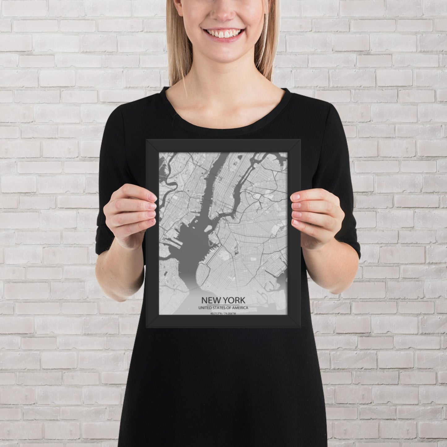 New York Light Grey Framed Map