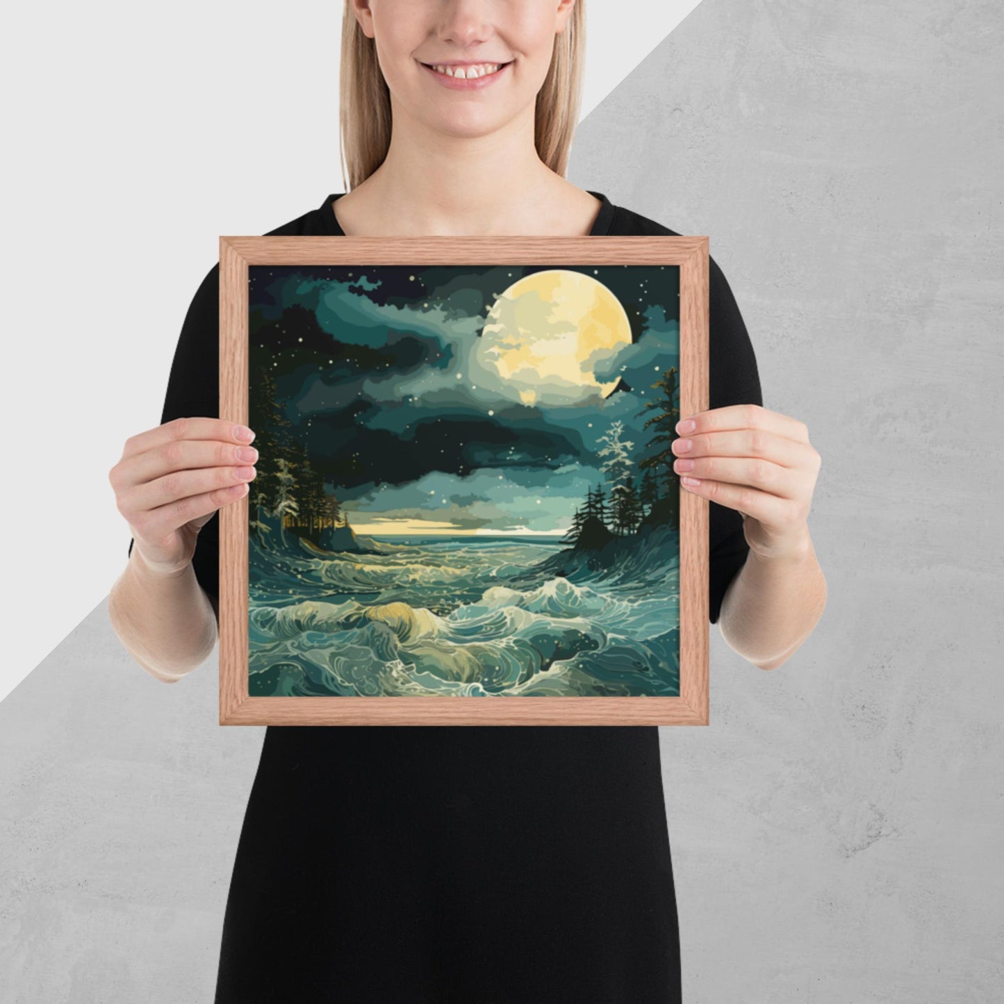 Nighttime Sea Moon Framed Poster