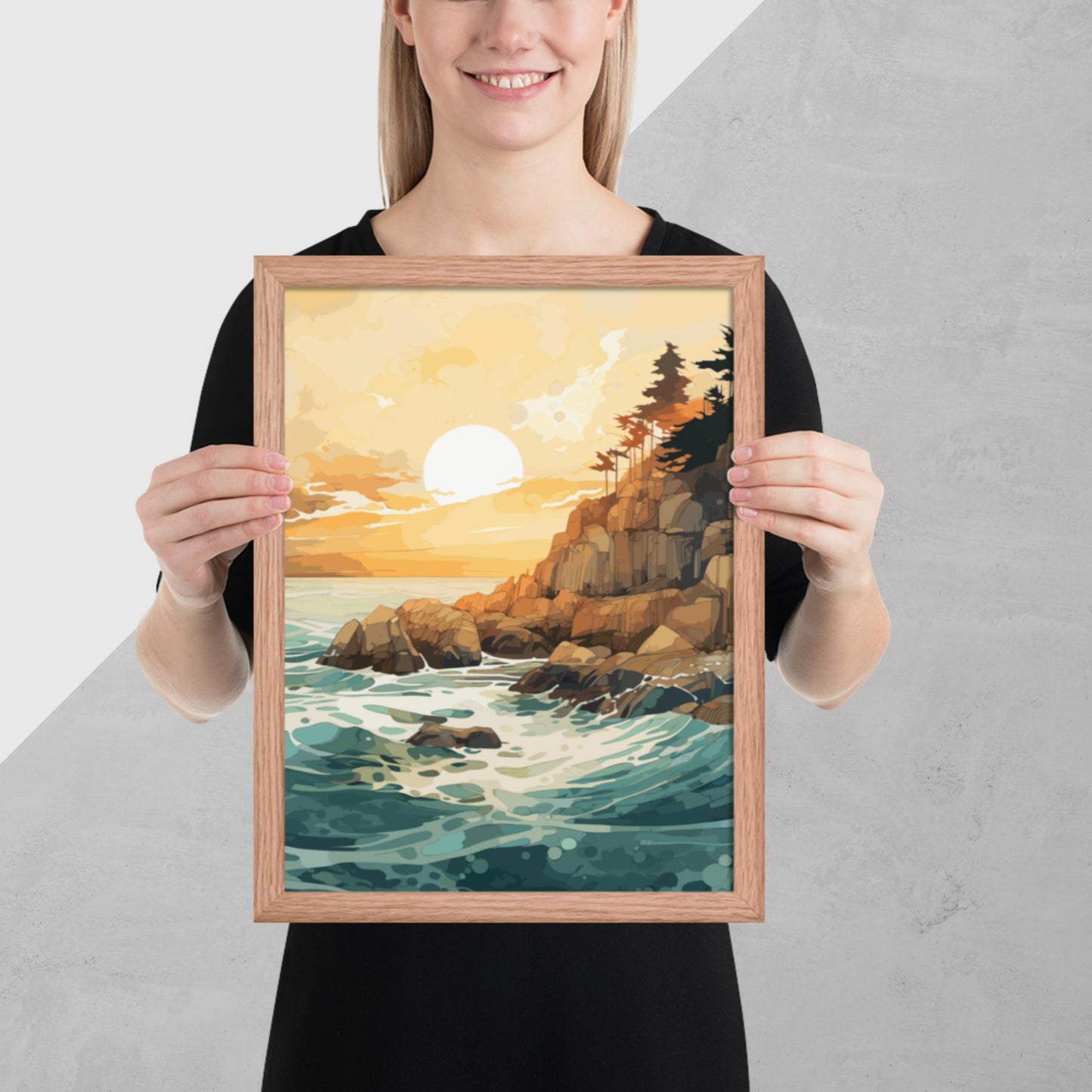 Ocean Rocks Sunset Framed Poster