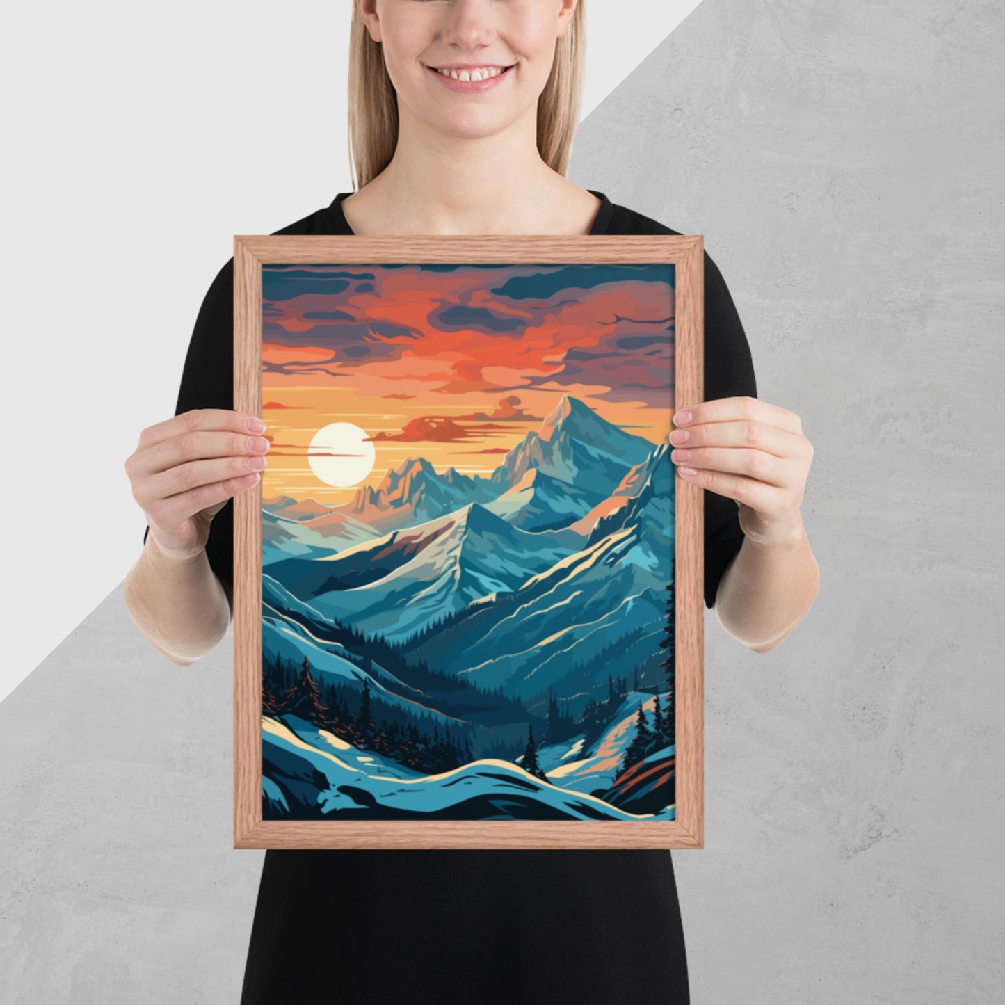 Snowy Mountain Sunset Framed Poster