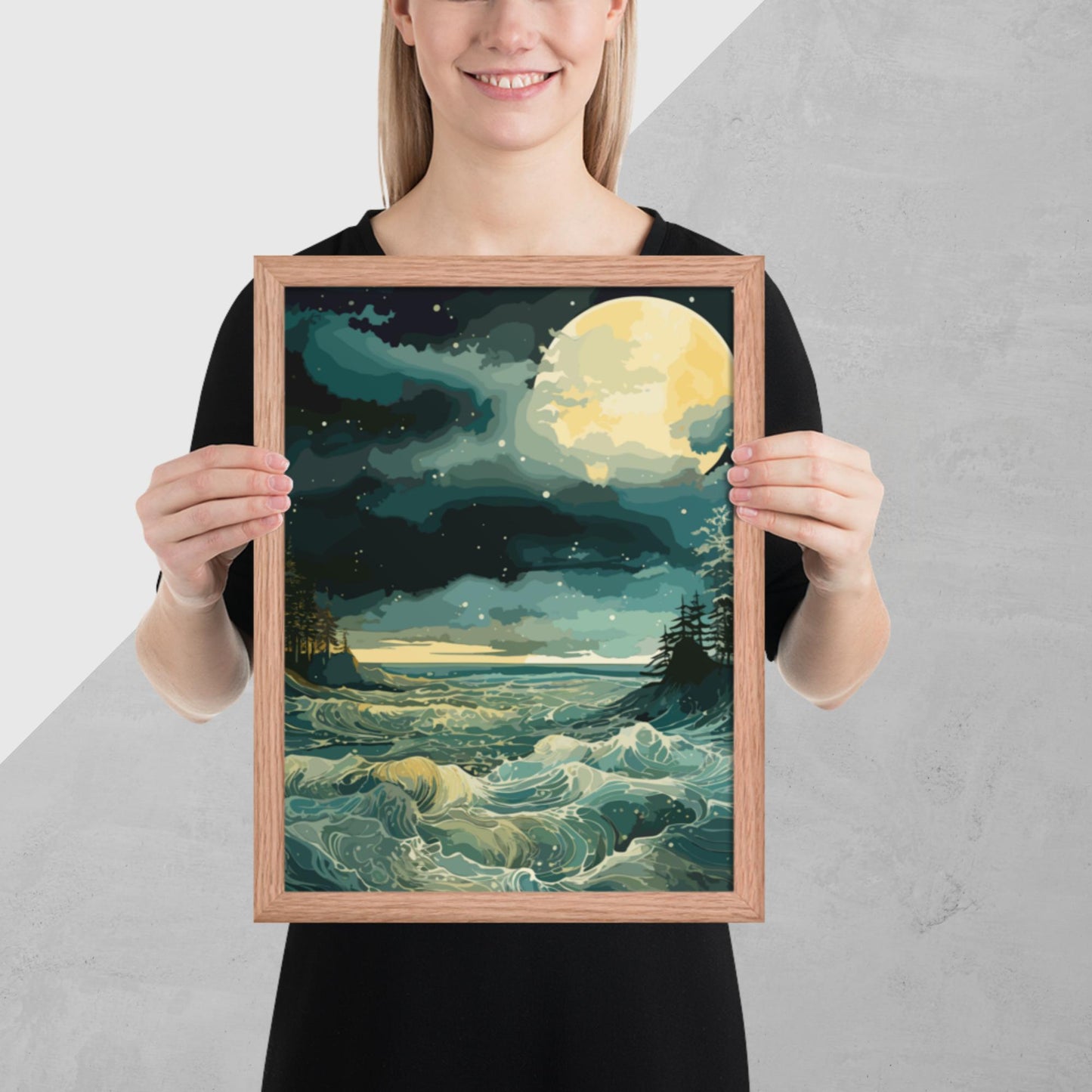 Nighttime Sea Moon Framed Poster